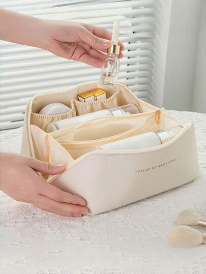 High Capacity Compartment Makeup Bag, Travel Makeup Bag,Large Capacity Cosmetic Bags For Women,Waterproof Portable Pouch Open Flat Toiletry Bag Make Up Organizer With Divider And Handle,Cosmetic Pouch, Travel Toiletry Bag, Large Storage Organizer, Luxurious Cosmetic Bag, Portable Travel Toiletry Kit(WHITE),Boho Vibes