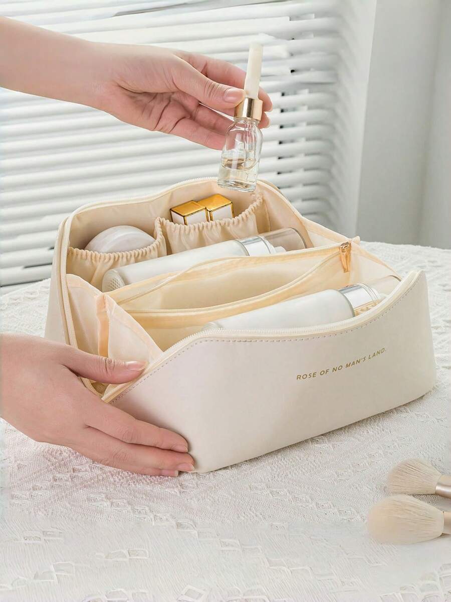 大容量分格化妆包，旅行化妆包，女士大容量化妆包，防水便携开口平铺洗漱包，带隔层和提手，化妆包，旅行洗漱包，大容量收纳包，奢华化妆包，便携式旅行洗漱套装（白色），波西米亚风 - 白色 - 查看 1