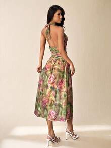 SHEIN PETITE Spring/Summer Solid Green & Pink Floral Print Deep V-Neck High Slit Sheer Maxi Dress, Beach Resort Dress, Sexy Elegant Dress, Suitable For Layering In Autumn/Winter