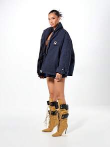 SUMWON WOMEN Áo khoác bomber da lộn cỡ lớn có túi ngực và khóa kéo cho phong cách layering mùa thu đông - Màu xanh lam - Xem 5