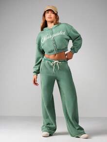 MISSGUIDED Sudadera con capucha corta con cremallera, gráfica, con cordón y bolsillo central para uso casual de mujer - Verde - Ver 3