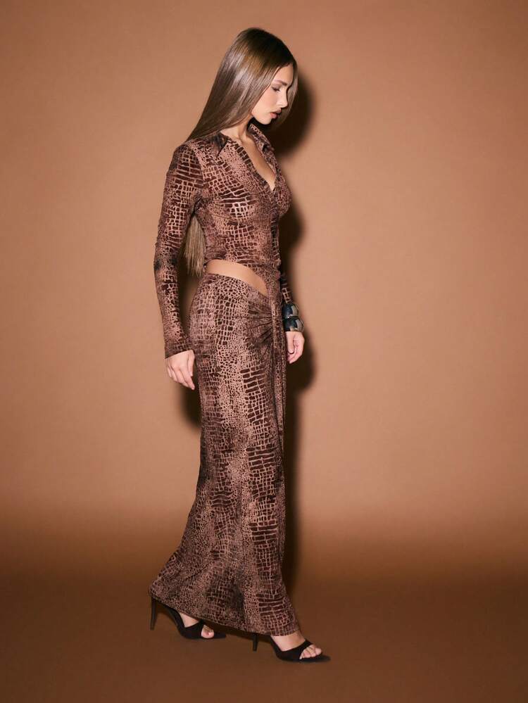 KIZN Crocodile Print Bodycon Maxi Skirt With Drape Detail