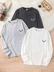 SHEIN 3 件套青少年男孩休闲徽标和标语印花圆领长袖 T 恤，经典简约百搭百搭，适合圣诞节、居家、通勤、学校、日常休闲、度假、户外、派对、秋冬 - 彩色 - 查看 7