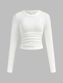 SHEIN Girlism 少女买一送二 3 件套纯色罗纹针织简约圆领腰侧褶修身百搭长袖 T 恤，休闲舒适 - 彩色 - 查看 9