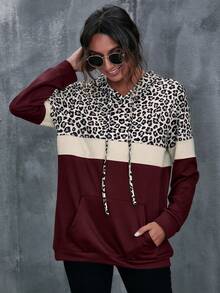 EMERY ROSE Áo sweatshirt nữ kiểu dáng thường ngày họa tiết da báo phối nhiều mảnh, áo sweatshirt nữ họa tiết báo đốm mùa thu. - Màu Đỏ Sâu - Xem 4