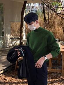 Claim Dot Men's Stand Collar Solid Color Drop Shoulder Long Sleeve Casual Loose Pullover Sweater Green Sweater Turtle Neck - Olive Green - View 5