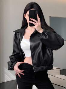 DAZY 1件女士纯色前拉链长袖口袋简约PU皮夹克，秋季女装皮夹克