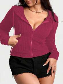 Calvaya Plus Size Casual Solid Color Zip-Up Drawstring Sweatshirt, Autumn - Hot Pink - View 4