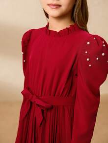 Vestido elegante con cuello de volantes, mangas abullonadas, cintura con cuentas y pliegues para niña preadolescente, para Halloween y Navidad, con cinturón - Rojo - Ver 8