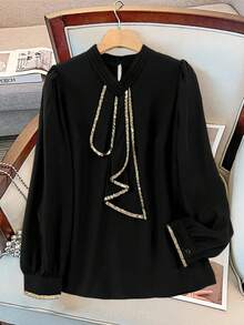 GlowEve CURVE 大码亮片拼接优雅长袖衬衫 - 黑色 - 查看 6