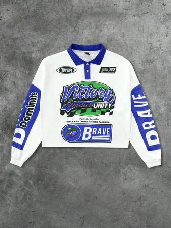 Street Life Men's Contrast Color Letter Print Long Sleeve Sports Polo T-Shirt