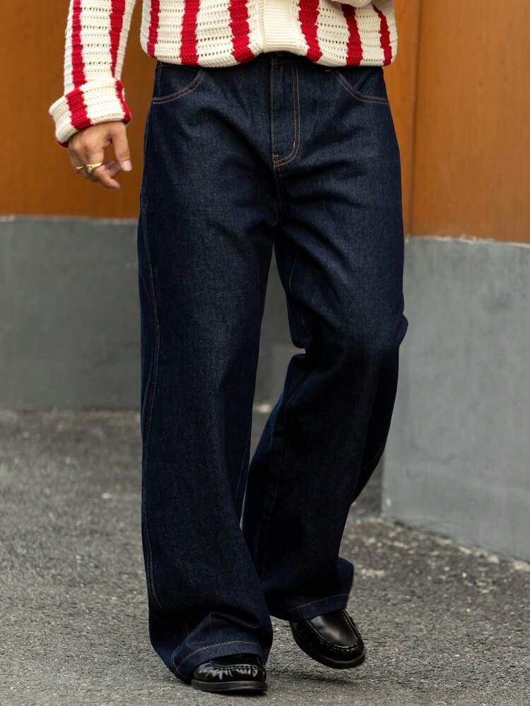 Men's Plain Navy Blue Blue Raw Denim Jeans, Autumn