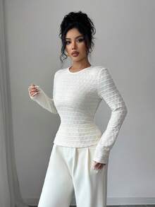 Rafferiza 女士优雅杏色泡泡雪纺针织柔软韩版休闲百搭修身圆领上衣 - 杏色 - 查看 4