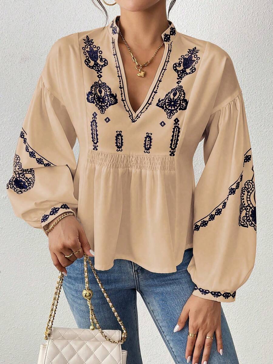 SHEIN LUNE Women's Shirred Graphic Print Long Sleeve Button Shirt Peplum Top - Apricot - View 1