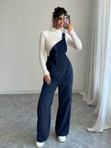 Chiquease Bộ đồ liền thân nhung kẻ xếp ly không tay màu trơn thời trang dành cho nữ - Màu xanh hải quân - Xem 4