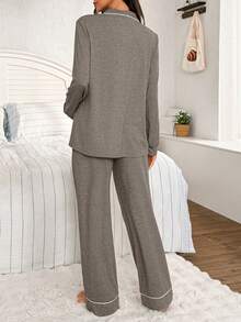 Moonlight&Mama Moonlight & Mama 女士撞色滚边领长袖上衣和裤子宽松舒适两件套睡衣，冬季 - 摩卡棕 - 查看 2
