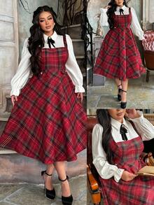 Lyrianda Christmas Plus Size Women's Turndown Collar Half-Open Front Shirt Collar 2 In 1 Red Plaid Contrast Color Button Elegant Retro Casual Midi A-Line Dress