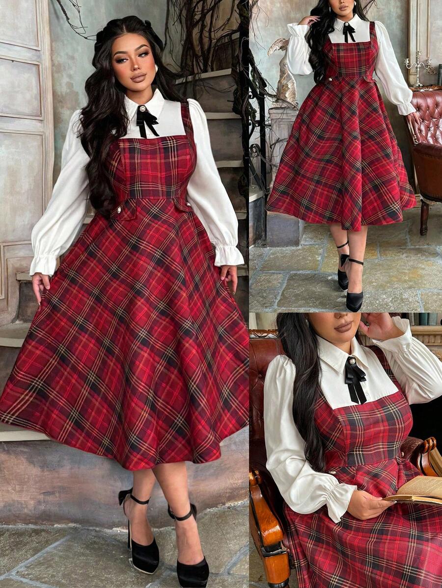 Lyrianda Christmas Plus Size Women's Turndown Collar Half-Open Front Shirt Collar 2 In 1 Red Plaid Contrast Color Button Elegant Retro Casual Midi A-Line Dress
