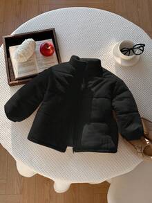 SHEIN 年轻男孩休闲日常运动厚灯芯绒灯芯绒宽松加厚立领绗缝外套，适合秋冬穿着，室内、户外、滑雪、玩雪 - 黑色 - 查看 4