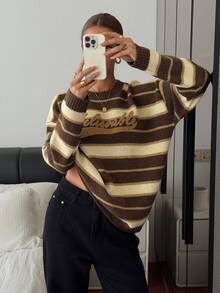 Livesso Femmes Loose Fit Lettre et Rayé Col Rond Épaule Tombante Manches Longues Pull, Automne/Hiver - Tabac - Voir 2