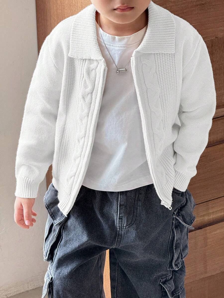 SHEIN Little Byeori 兒童小男孩休閒扭花前開拉鍊針織秋季開襟衫 - 白色 - 查看 1