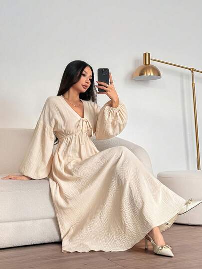SHEIN PETITE V-Neck Tie Bow Lantern Sleeve Pleated Waist A-Line Flare Hem Double Layer Crepe 100% Cotton Casual Loose Commuter Vintage Style Women Long Dress Lantern Sleeve Dress Long Sleeve Summer Dress Peasant Dress Cottagecore Dress Vacation Dress,Casual Dresses For Women Beige Dress For Women