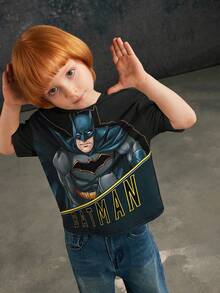 BATMAN X SHEIN 85th Young Boy Cartoon Portrait Pattern & Stylish Casual Short Sleeve T-Shirt Graphic Tee Boys - Black - View 2