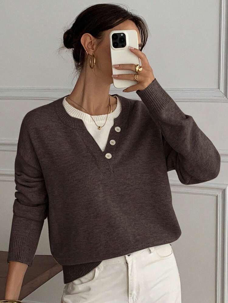 Casual Color Block Henley Neck Pullover, Soft Knit 2 In 1 Sweater For Women