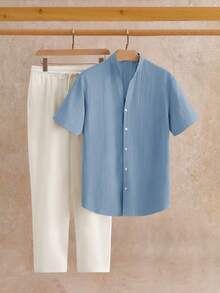 Manfinity NXTstreet 2件套男士休闲立领V领短袖衬衫套装 - 彩色 - 查看 3