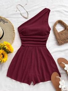 Soleia Combinaison casual à manches courtes et froncée pour femmes grandes tailles, convient pour les vacances, automne/hiver - Rouge foncé - Voir 6