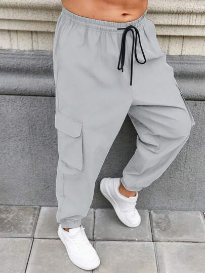 Manfinity Homme Męskie spodnie cargo w jednolitym kolorze, plus size, ze ściągaczem u dołu i kieszeniami, proste, długie, codzienne, czarne spodnie, dla męża, prezent dla chłopaka, czarne spodnie cargo, czarne spodnie cargo, męskie, czarne, workowate spodnie, czarne spodnie