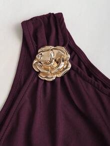 Sweetra 女士夏季古铜色金属花朵装饰吊带背心和褶皱多层迷你裙套装 - 中紫紅色 - 查看 6