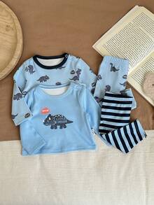 SHEIN Newborn Baby Boy/Girl Cute Cartoon Pattern Knit Long Sleeve Top And Pants Pajama Set - Blue - View 8
