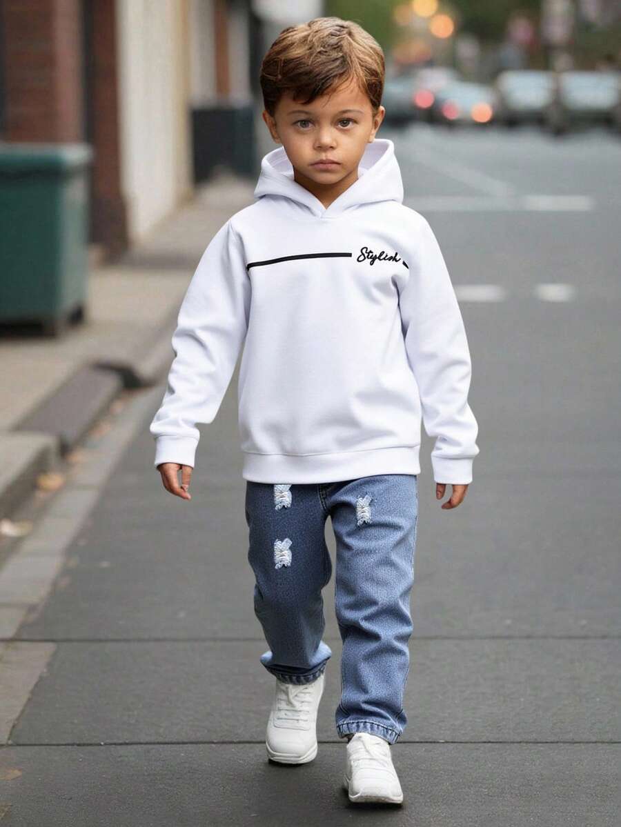 2 件儿童青少年男童休闲百搭舒适熊印花宽松连帽衫和牛仔套装、白色上衣、宽松牛仔裤、可爱上衣、校服、返校服、牛仔裤、紧身牛仔裤、牛仔裤、基本款上衣、学校上衣、返校 - 彩色 - 查看 1