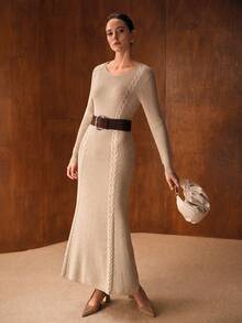 MOTF PREMIUM Elegante vestido de punto largo con cuello redondo y espalda descubierta, para otoño/invierno - Caqui - Ver 7