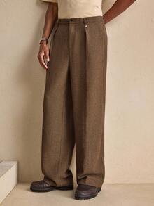 Business Casual AKNOTIC 男士人字纹印花褶裥口袋休闲裤，圣诞派对宴会商务休闲裤，男友节日礼物 - 棕色 - 查看 3