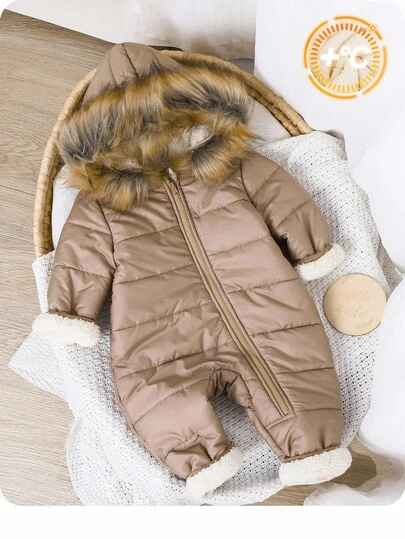 Newborn Baby Boy/Girl Cute Black Thermal Lined Hooded Jumpsuit, Suitable For Autumn/Winter Outdoor, Skiing Toddler Winter Fur Clothing Baby Coat Jumpsuit Winter Baby Clothes