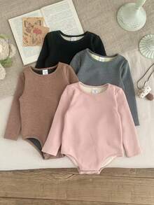 SHEIN Bộ 4 áo liền quần tay dài màu trơn dệt kim dễ thương cho bé gái, bộ đồ liền quần mùa thu/đông cho bé gái, quần áo liền quần cho bé gái, quần áo dài tay màu trung tính cho bé gái, quần áo cho bé gái mùa thu - Nhiều màu - Xem 7