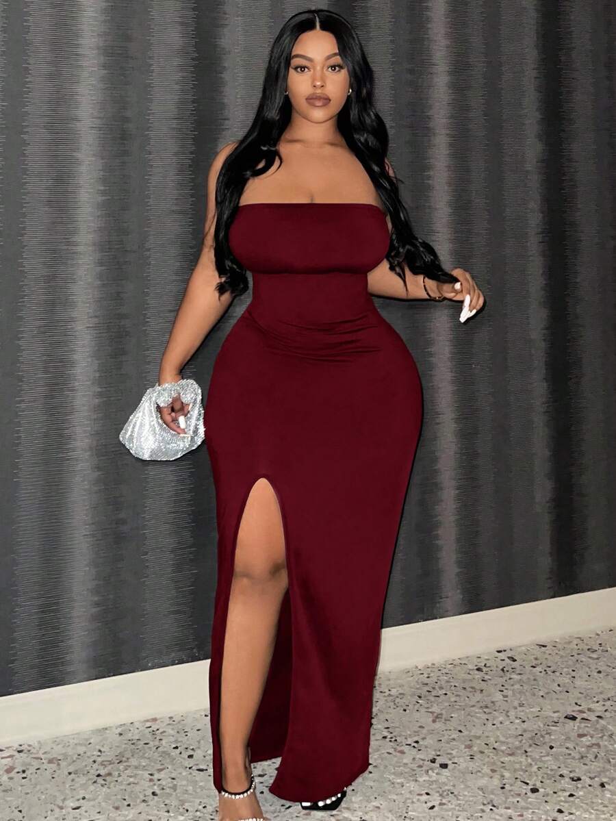 Slaydiva Đầm ôm sát xẻ cao màu trơn thanh lịch Slayr Plus dành cho nữ/Dành cho dịp Giáng sinh - Màu Đỏ Sâu - Xem 1