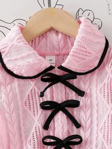 SHEIN Elladie kids 2 件套：宽松白色喇叭袖上衣，搭配黑色蝴蝶结装饰和舒适黑色休闲裤 - 粉色 - 查看 7