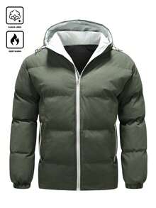 Manfinity Homme Men's Quilted Zip-Up Hooded Long Sleeve Padded Coat, Winter - Army Green - View 3