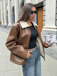 Aloruh 女士秋冬新款波西米亚风末日 Y2K 通勤休闲宽松扎染豹纹绒面革保暖内衬仿毛领夹克常规外套 - 棕色 - 查看 2