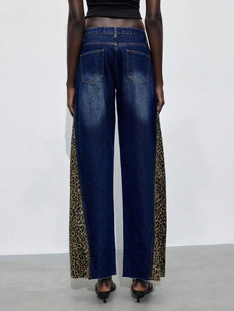 SHEIN Maija Women's Casual Fashion Street Leopard Print Patchwork Raw Edge Loose Wide Leg Jeans, Suitable For Urban Commute, Business Casual, Office Wear, Party And Gathering