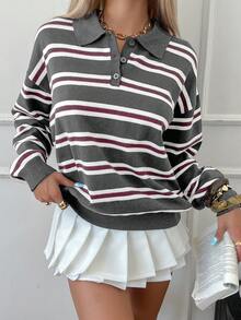 Livesso 女式秋季复古条纹高领毛衣 - 深灰色 - 查看 3