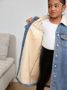 SHEIN Young Girl' Y2K Blue Denim Thermal Lined Lapel Long Sleeve Long Jacket,A Long, Thickened And Fleece Coat,,Fall Clothes,Winter Clothing ,Casual And Fashionable Vacation Outfits,Streetwear,2000s Style  ,Christmas Clothing,Wool-Neck Warm Fleece Denim Jacket - Light Wash - View 7