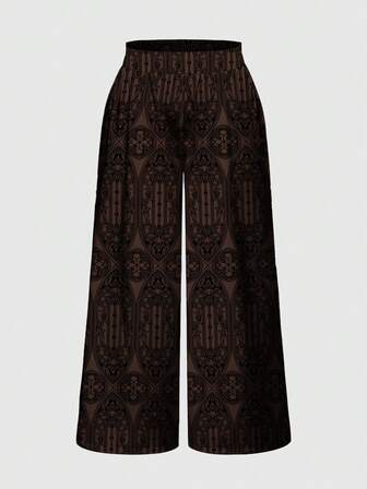 Fairycore Plus Size Brown Palace Hippie Dark Church Allover Print Loose Wide Leg Pants