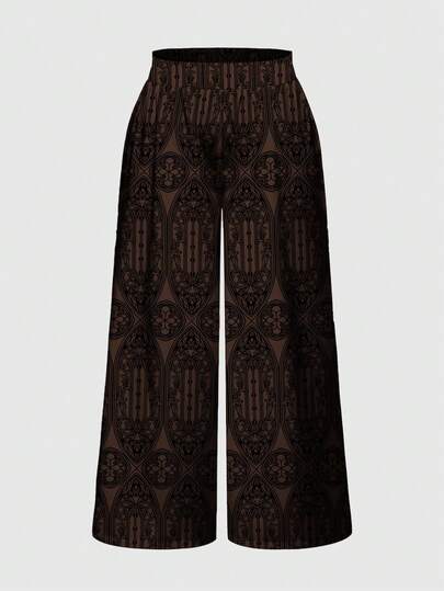 Fairycore Plus Size Brown Palace Hippie Dark Church Allover Print Loose Wide Leg Pants