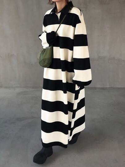 FRIFUL 女式马球领全条纹宽松半襟灯笼袖连衣裙