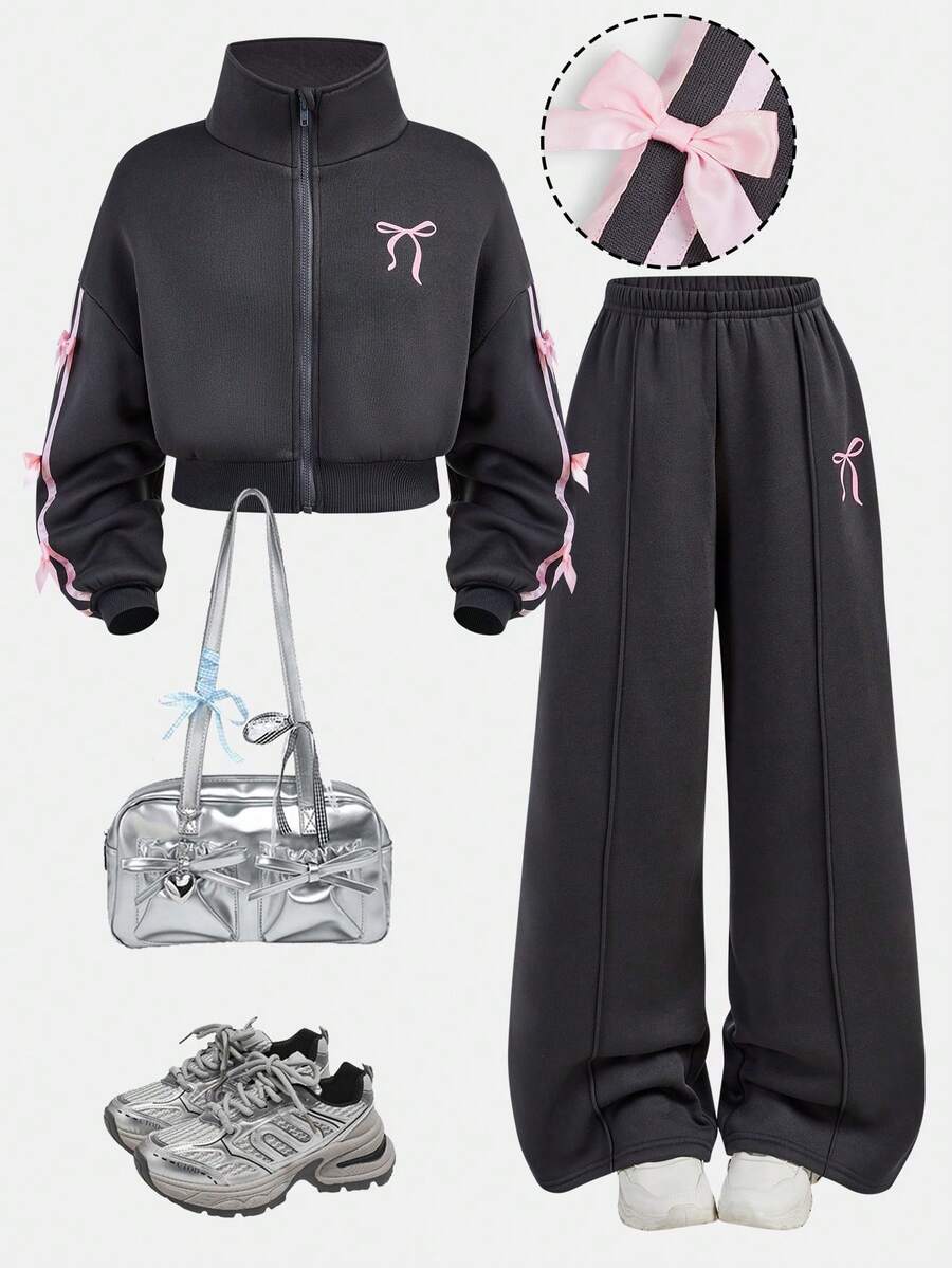 SHEIN 少女字母刺绣套头拉链卫衣和休闲裤两件套 - 深灰色 - 查看 1