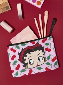 Betty Boop x SHEIN 1个卡通图案印花轻质涤纶纤维化妆包，适合收纳化妆品、文具、日用品、数码产品，非常适合通勤、上学、旅行，男女老少皆宜，学生适用，趣味十足，樱桃图案，是送礼佳品，也适合派对、节日、情人节等场合。 - 彩色 - 查看 2